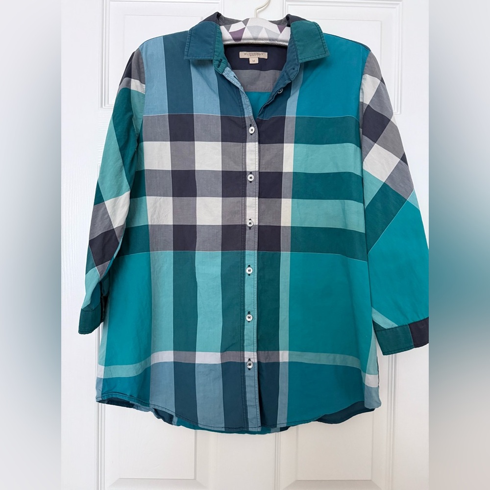 Teal and Gray Plaid Button-Up Shirt